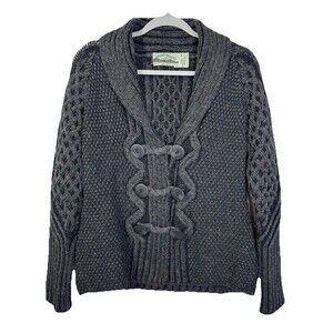 Aran Crafts Ireland Cardigan Womens Medium Gray Two Tone Merino Wool Cable Knit